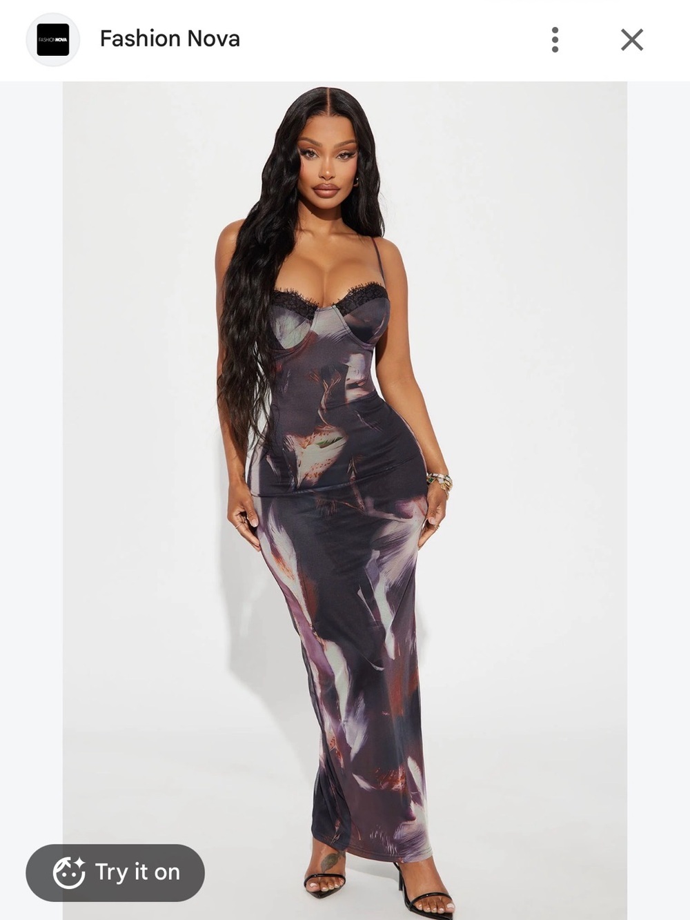 Women’s Floral Satin Slip Dress with Lace Trim - Black/Purple